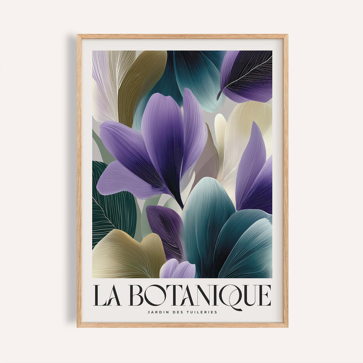 Plant poster framed close-up showing violet flower petals and green leaves in a minimalist style