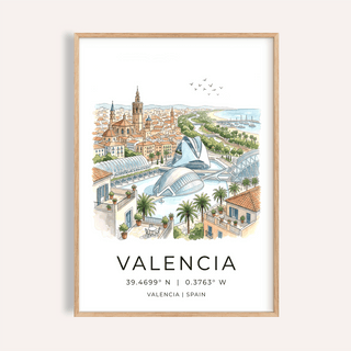 Framed Spanish landscape poster of Valencia city view illustration in watercolour with soft pastels on a plain wall