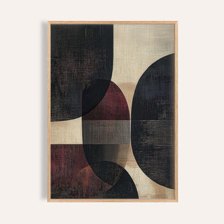 Framed close-up of wall posters for living room with overlapping geometric shapes in black beige and dark red