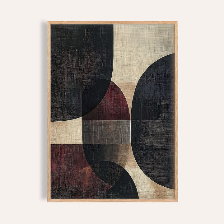 Framed close-up of wall posters for living room with overlapping geometric shapes in black beige and dark red