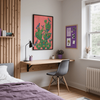 Colourful Cactus Art Print on wall above desk with black lamp in bedroom