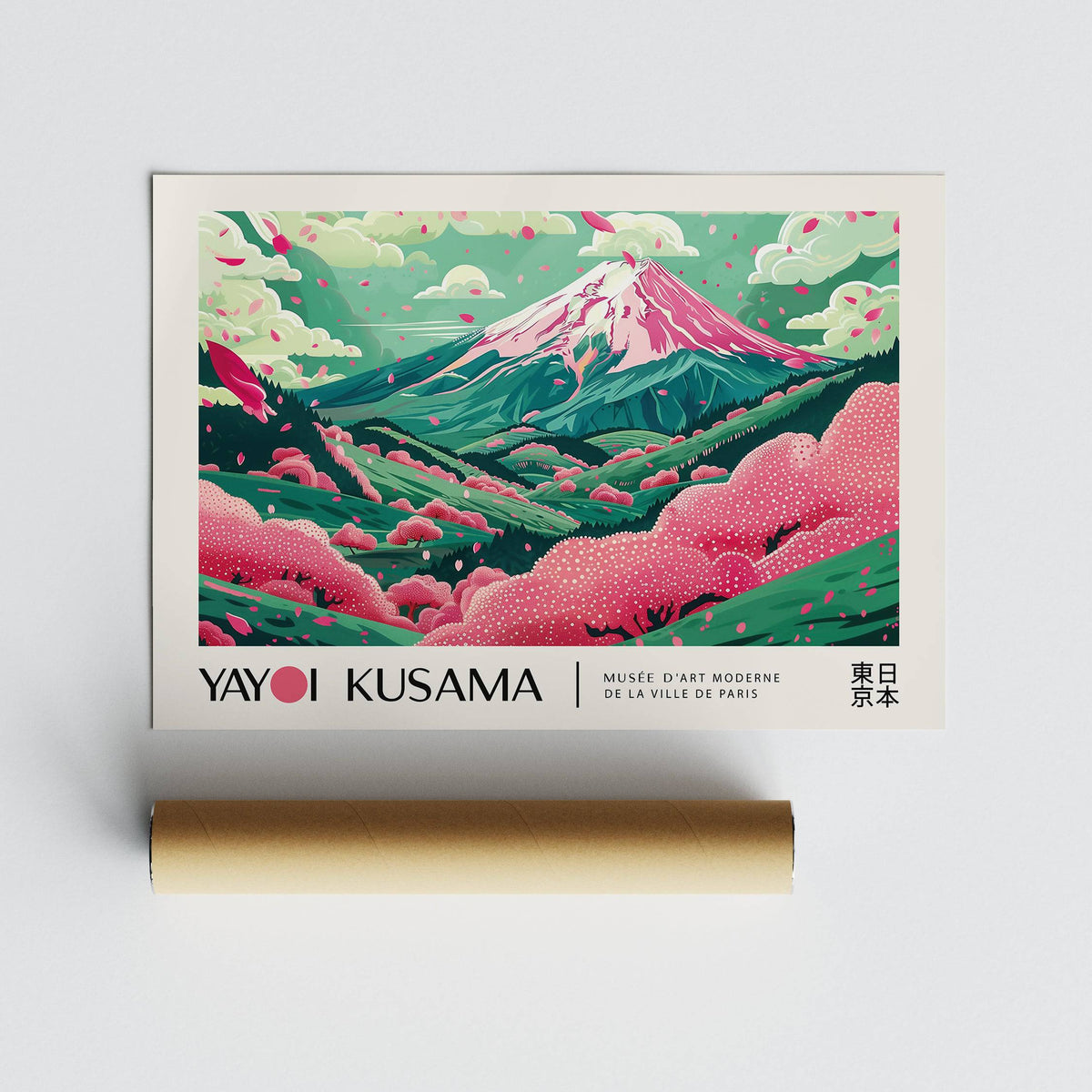 Cherry Blossom Art print rolled with a brown packaging tube showing pink blossom hills and a green mountain