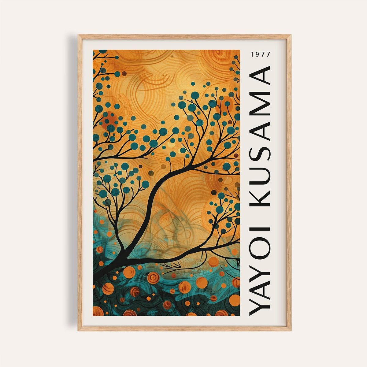Framed close-up of Autumn Wall Art for Living Room with abstract tree branch in orange and blue tones
