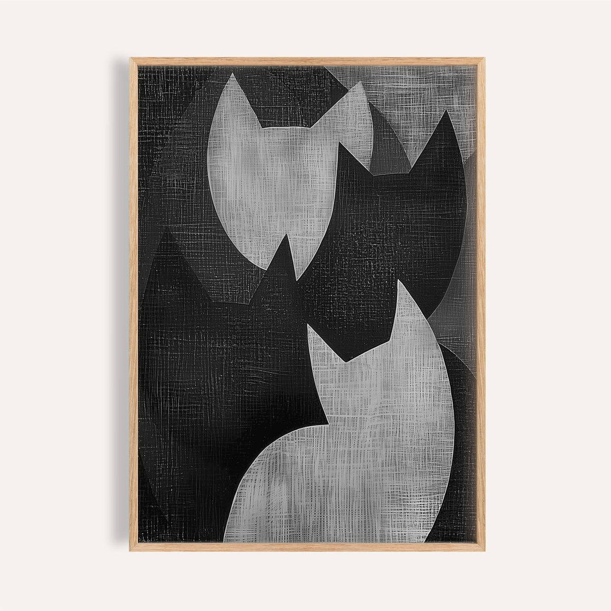 Framed close-up of Big Cat Art featuring abstract grey and black cat shapes