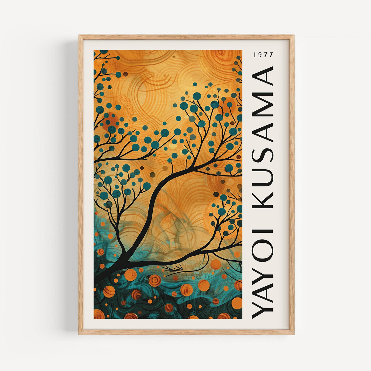 Framed Autumn wall art for living room with abstract tree branch in orange and teal tones