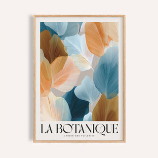 Flower art for walls with abstract botanical leaves in soft blue and warm ochre hues
