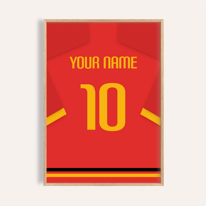 Football Shirt Poster in Red with Yellow Number and Sleeve Stripe showing a close-up of the top half with minimalist style
