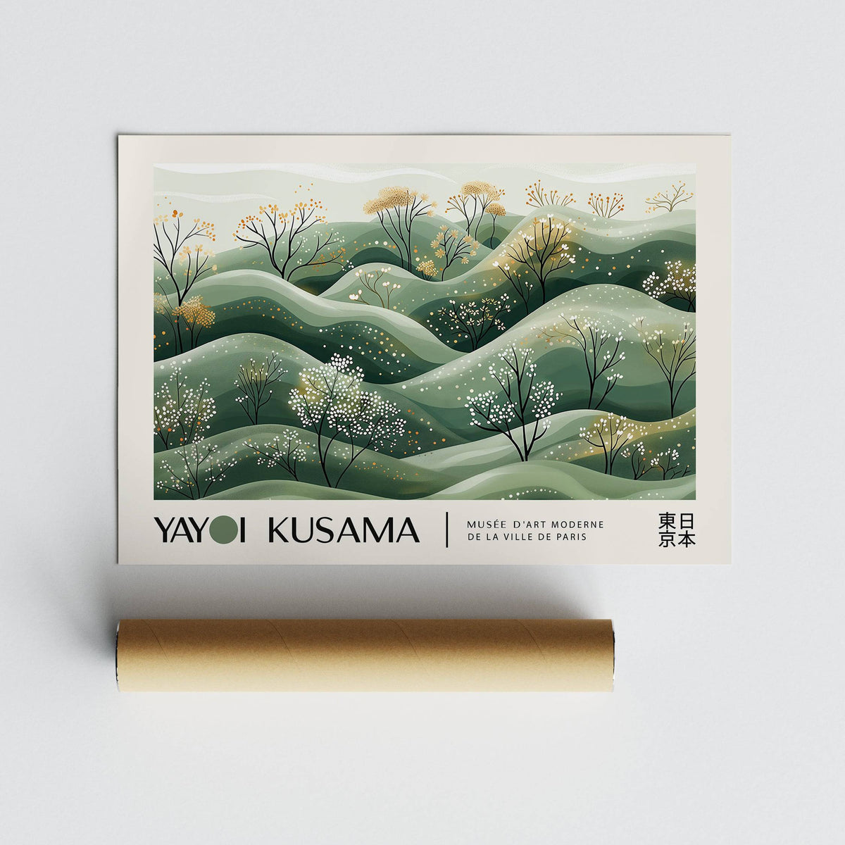 Landscape art prints rolled print with hills and blossoming trees in green and cream tones