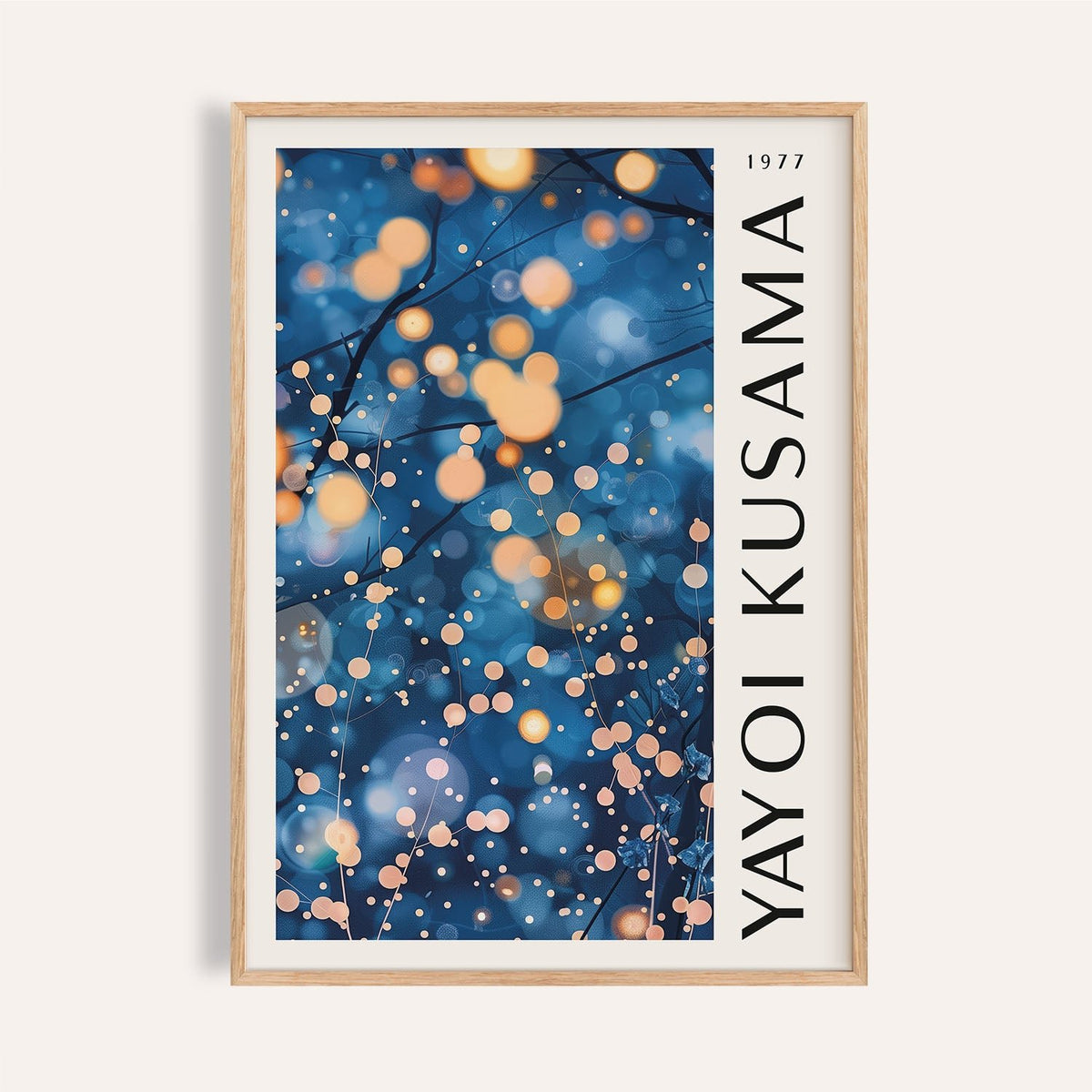 Framed Navy Blue Wall Art for Living Room with glowing orange and cream dots on dark branches
