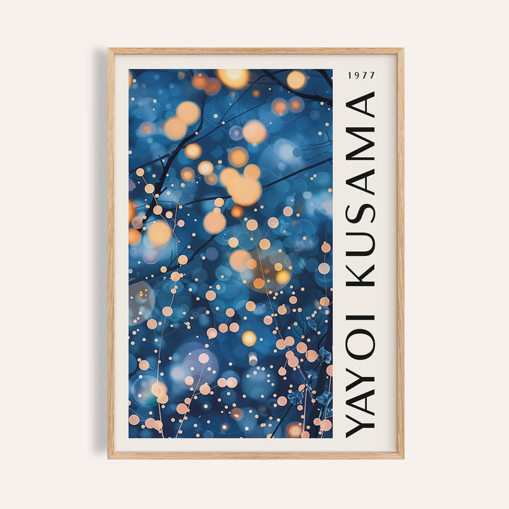 Framed Navy Blue Wall Art for Living Room with glowing orange and cream dots on dark branches
