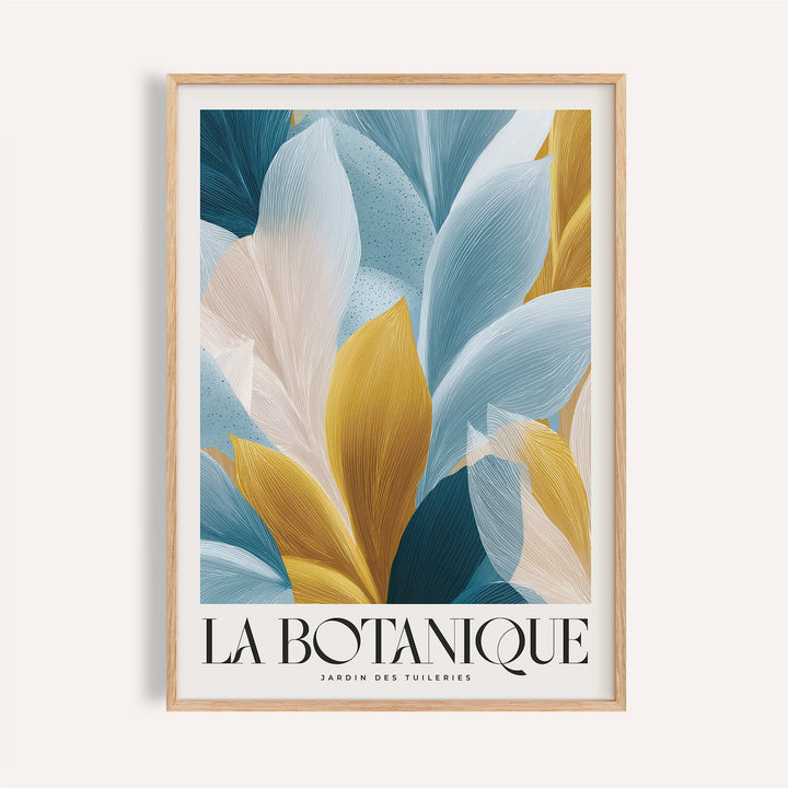 Framed print Blue and Gold with abstract botanical leaves in blue white and gold tones