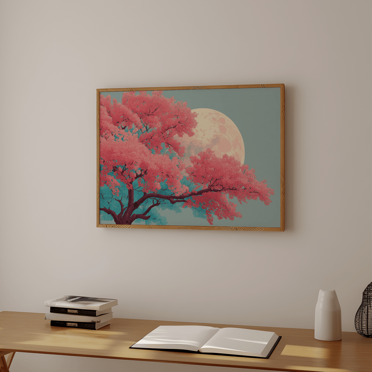 Japanese Moon Tree Art print of a pink cherry blossom tree with full moon above a wooden desk