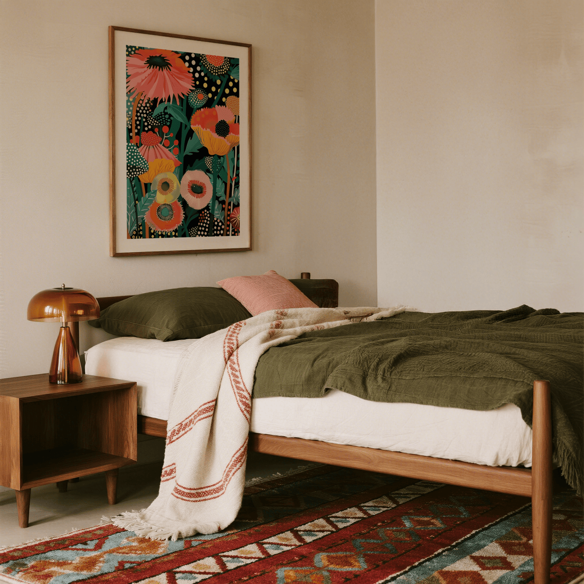 Tropical wall picture above bed with green bedding and retro lamp on wooden bedside table