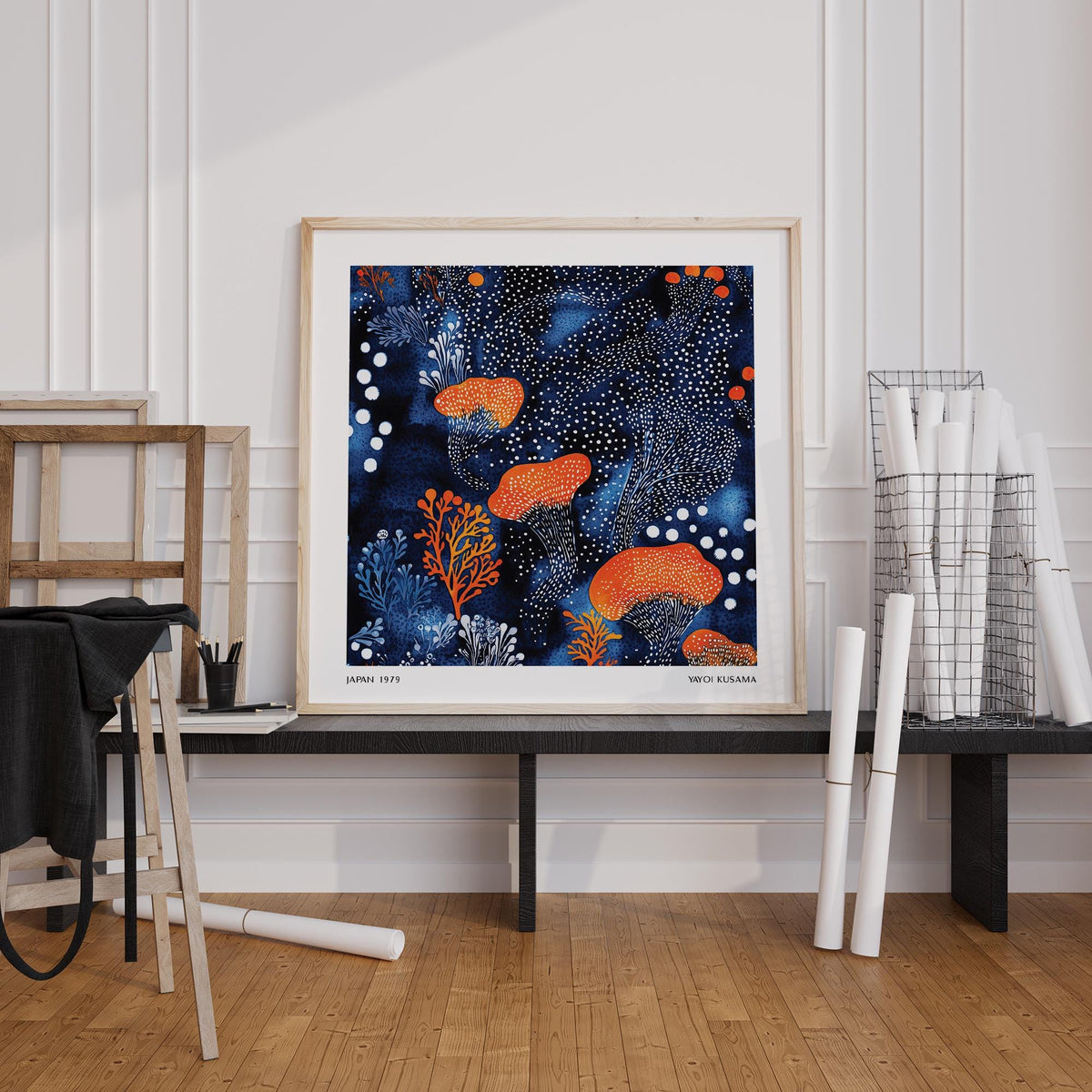 Abstract Floral Art print of orange mushrooms in blue and white watercolour leaning on a black bench with rolled paper