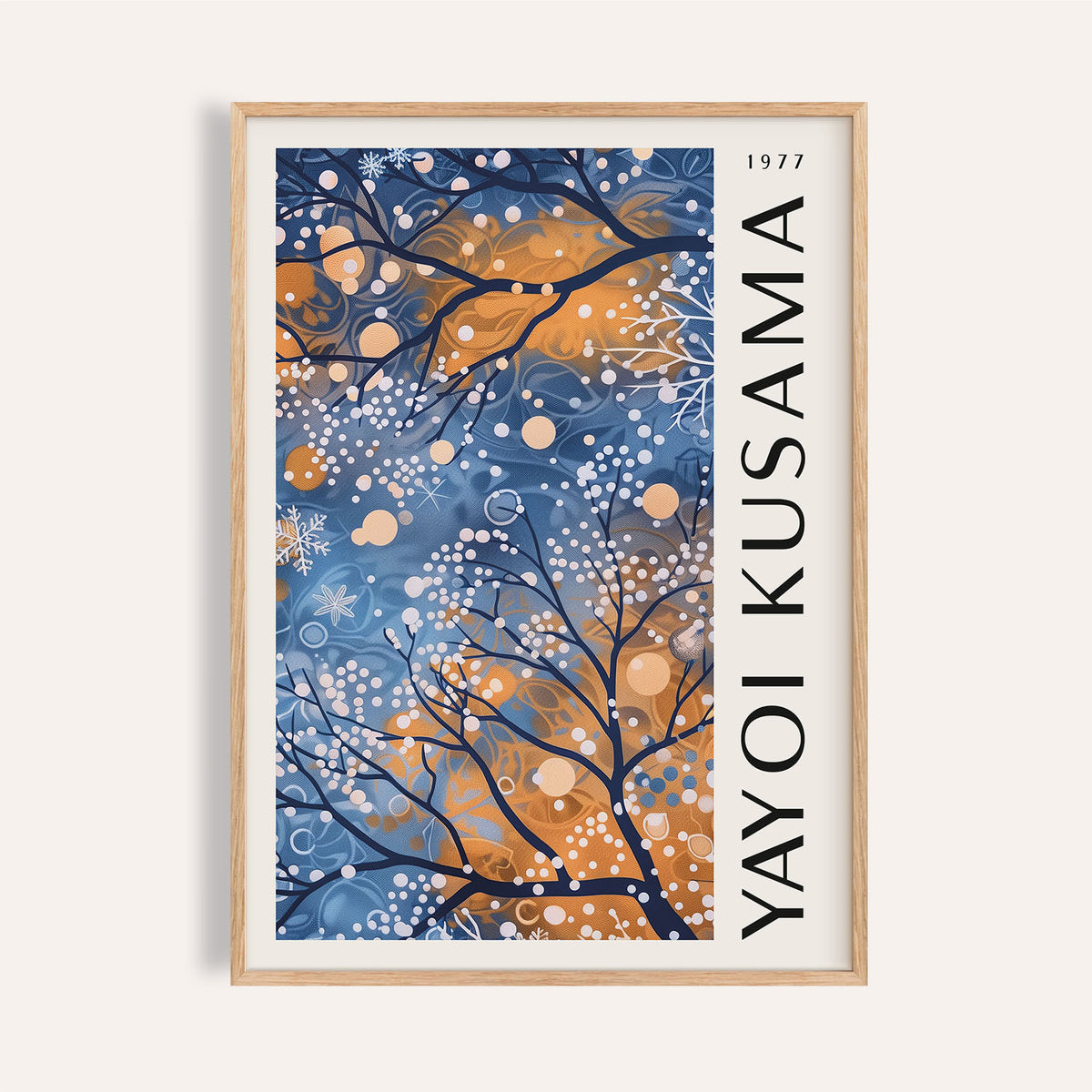 Framed Blue Wall Art for Living Room depicting abstract tree branches in blue and orange tones with white dots