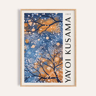 Framed Blue Wall Art for Living Room depicting abstract tree branches in blue and orange tones with white dots