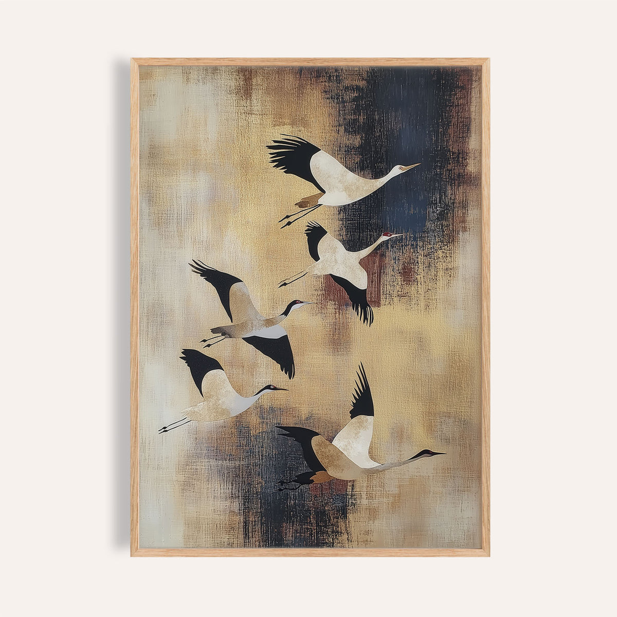 Birds Flying wall art of flying cranes with beige and dark brushstroke background