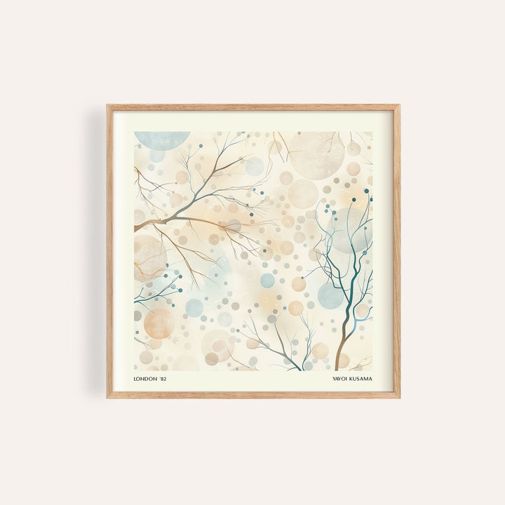 Neutral Artwork showing delicate tree branches with berries in soft beige and blue tones