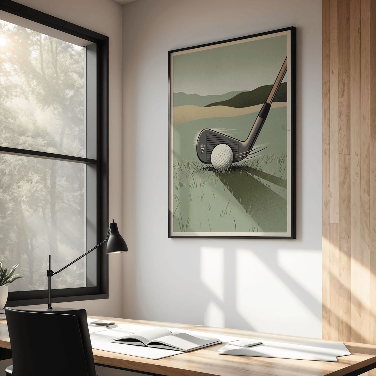 Golf Iron Seven Print in a minimalist office with a desk lamp and large window showing trees outside