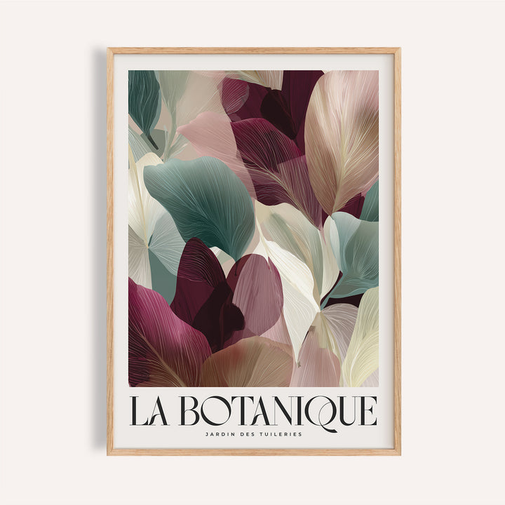 Framed print close-up of burgundy wall art with abstract leaves in muted greens and beige
