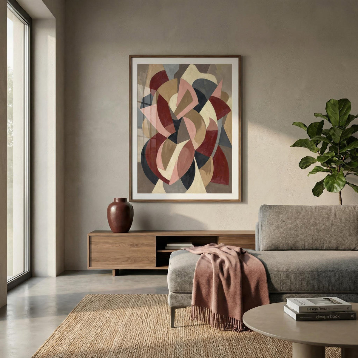 Minimalist Abstract Wall Art of abstract geometric shapes in muted earthy tones on a living room wall with a green plant