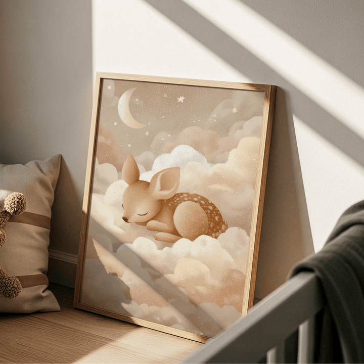 Sleeping Deer wall art print leaning on a floor with sunlight and a cushion nearby