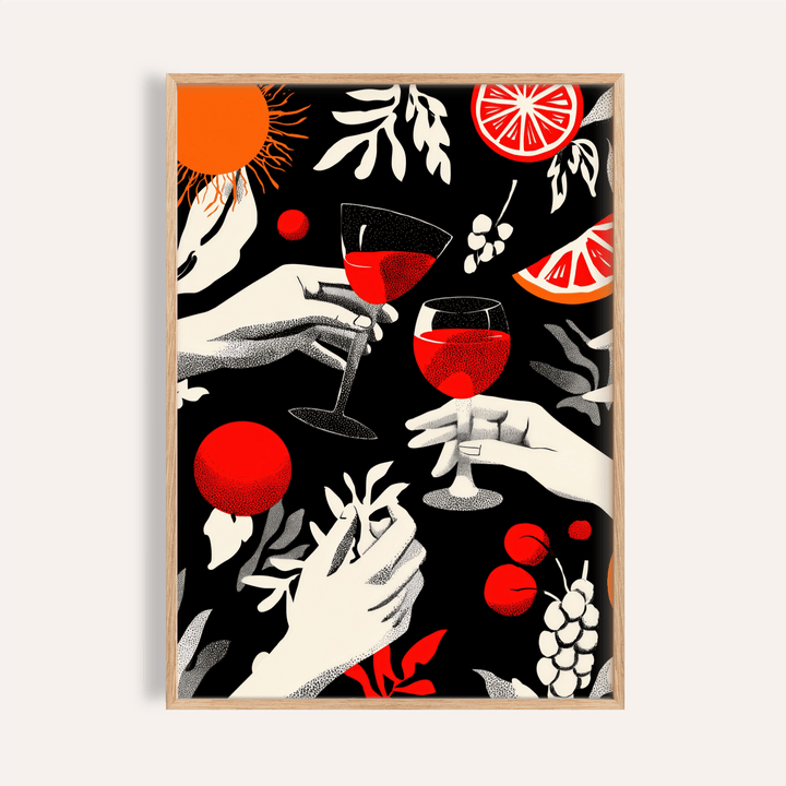 Framed Celebration wall art of hands toasting with red wine glasses with red and orange fruit accents