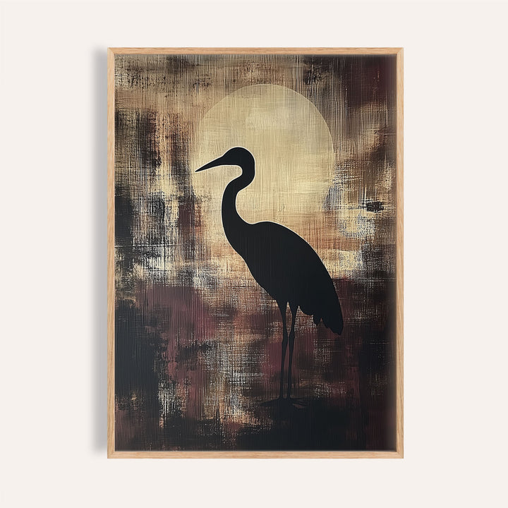 Framed large heron wall art with a black silhouette against a textured brown and beige background