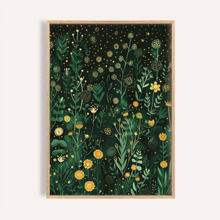 Framed Green Decor print showing yellow flowers and green foliage on a dark background