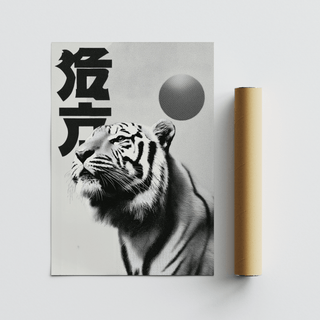 Monochrome tiger head print in black and white with a packaging tube on a grey surface