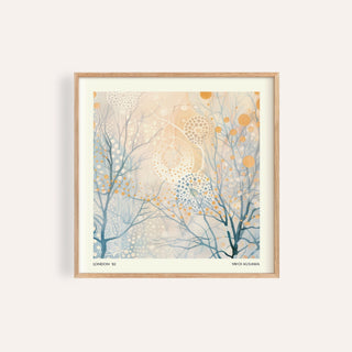 Framed minimalist poster art featuring abstract branches with yellow and blue dots