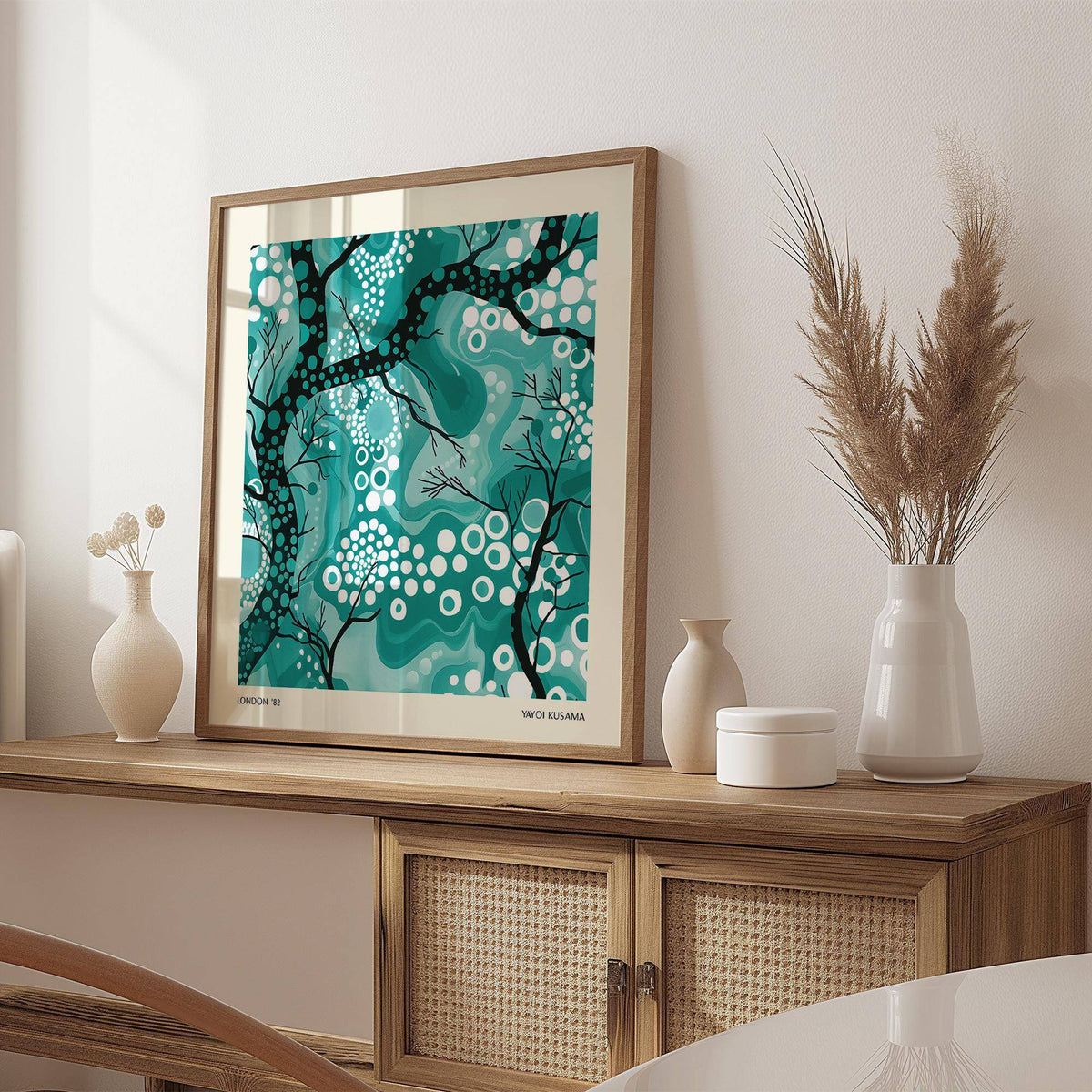 Framed Teal Abstract Wall Art of abstract branches and circular patterns above a wooden sideboard with vases