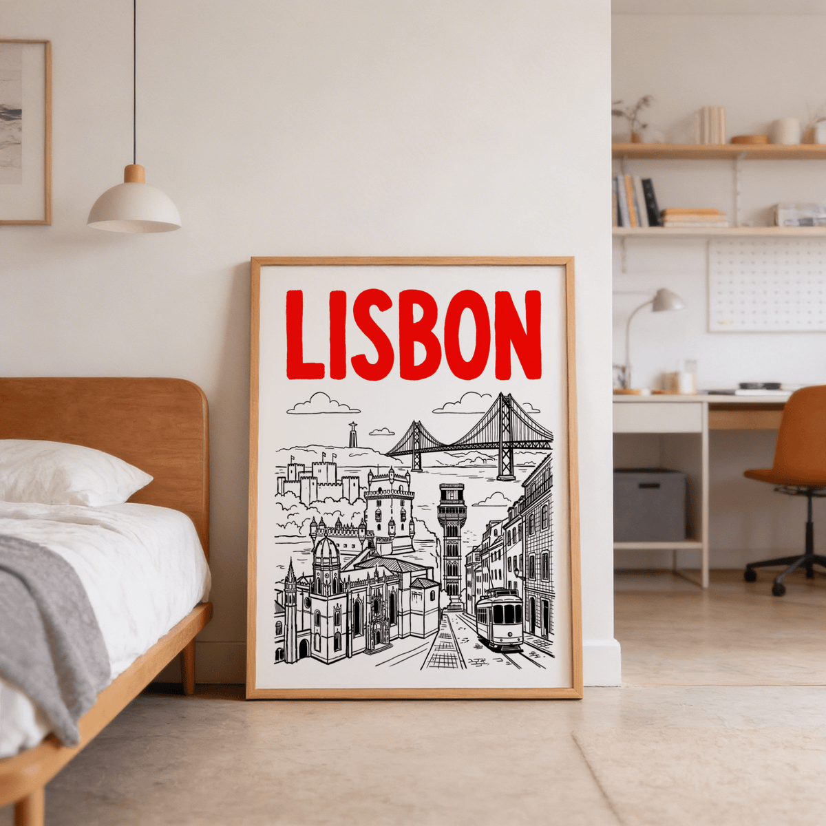 Print leaning on floor with Lisbon Travel Art minimalist line drawing in a bedroom with wooden furniture
