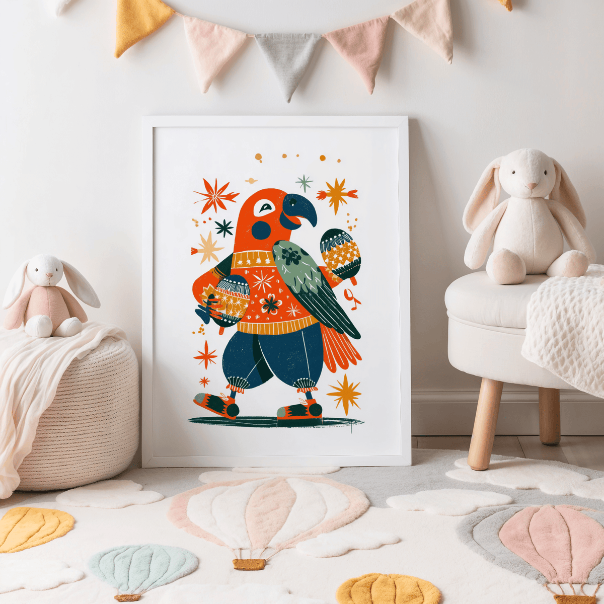 Playful Animal Poster leaning on floor with colourful folk-art parrot and maracas in a child's room
