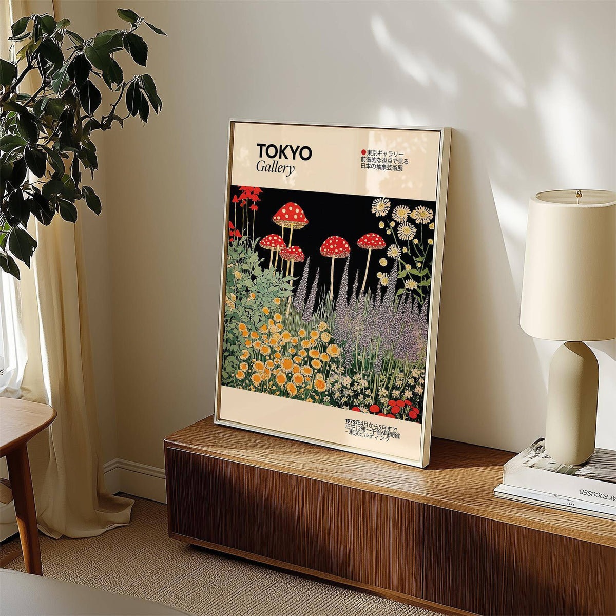 Art Prints Japanese print of red spotted mushrooms and wildflowers leaning on a wooden sideboard with a lamp nearby