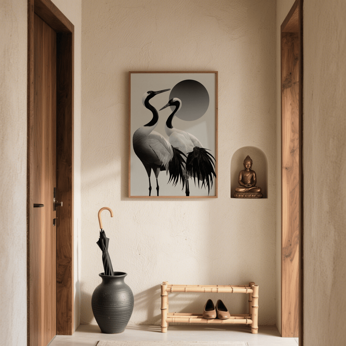 Black and white crane print on a hall wall above a bamboo shoe rack with a Buddha statue