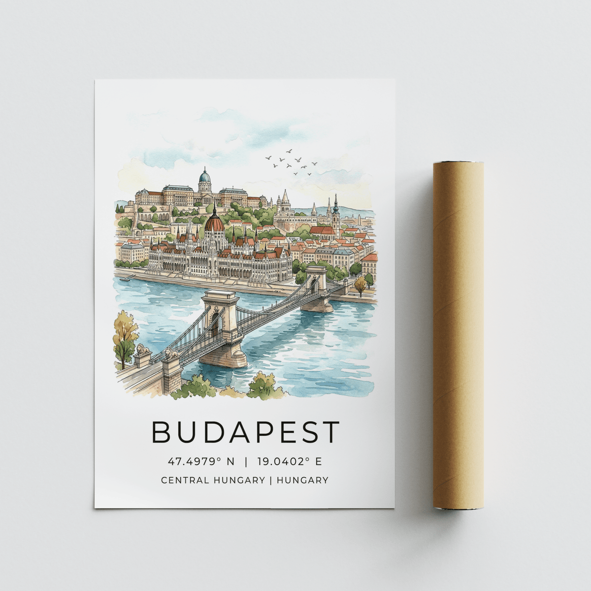 Budapest Cityscape wall art watercolour illustration with chain bridge and river beside a packaging tube