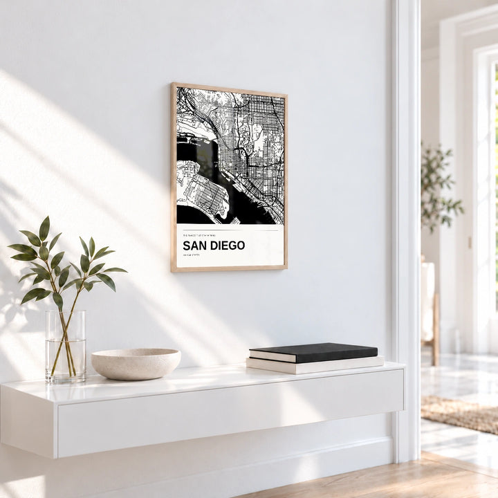 San Diego personalised black and white map print with Perspex � Natural wood frame � Entryway