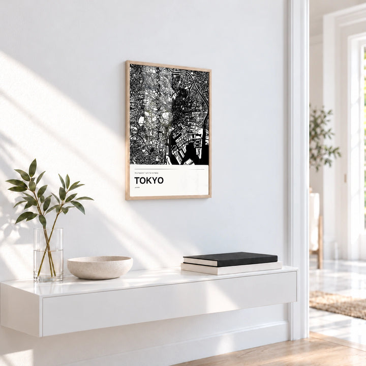 Tokyo personalised black and white map print with Perspex � Natural wood frame � Entryway