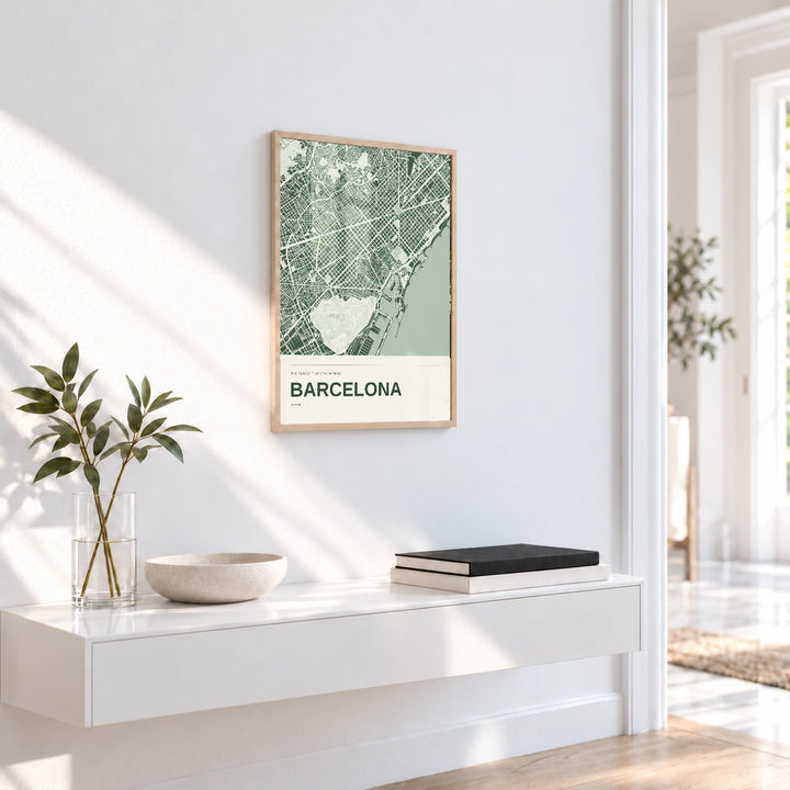 Barcelona personalised City in Colour map print with Perspex - Natural wood frame - Entryway
