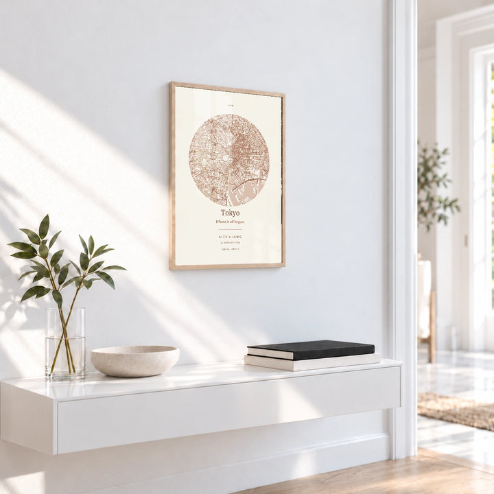 Tokyo personalised Our Place map print with Perspex - Natural wood frame - Entryway