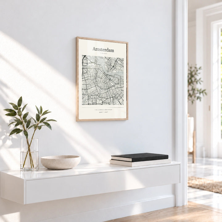Amsterdam personalised City Atlas map print with Perspex - Natural wood frame - Entryway
