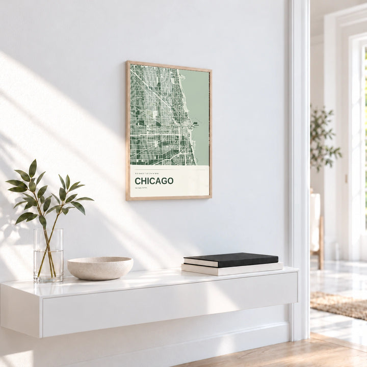Chicago personalised City in Colour map print with Perspex - Natural wood frame - Entryway
