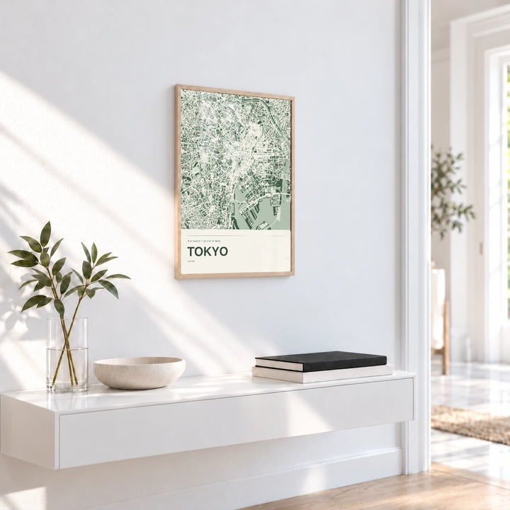 Tokyo personalised City in Colour map print with Perspex - Natural wood frame - Entryway