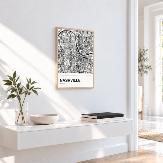 Lámina de mapa de Nashville en blanco y negro