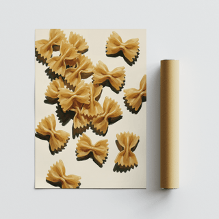 Italian kitchen prints set of 3 with a flat lay of bowtie pasta on a cream background next to a brown tube