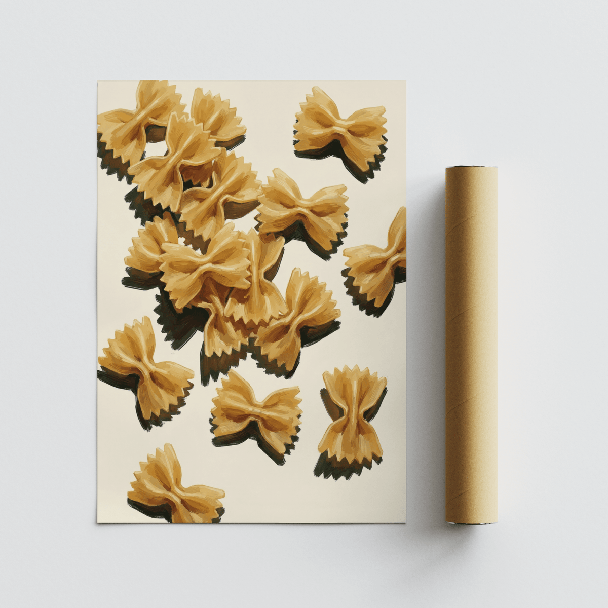 Italian kitchen prints set of 3 with a flat lay of bowtie pasta on a cream background next to a brown tube