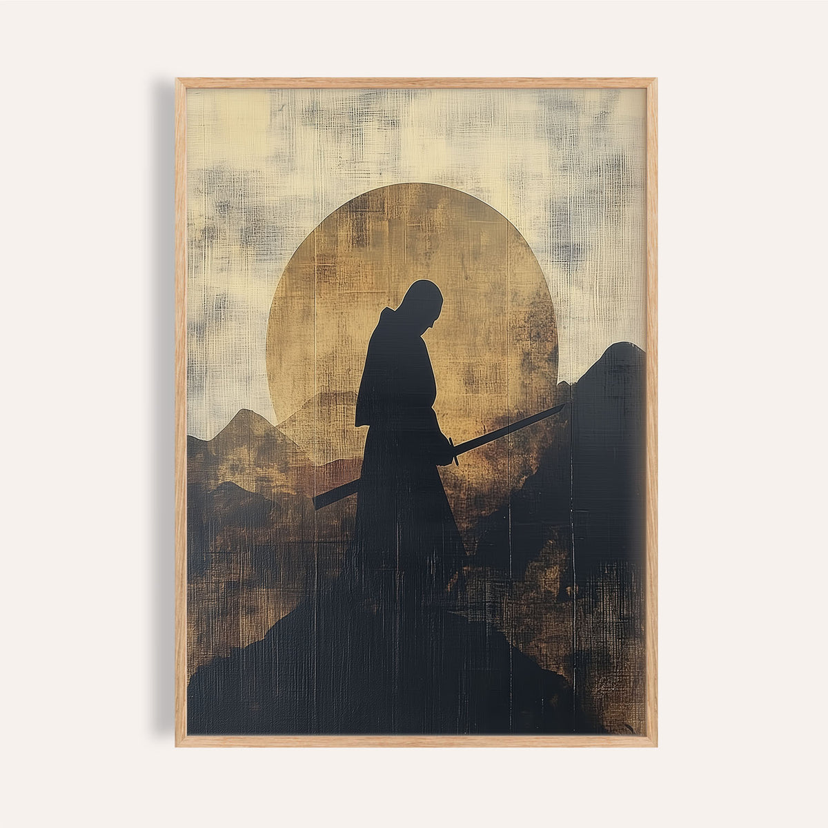 Framed print of a samurai silhouette against a gold sun with black and beige tones