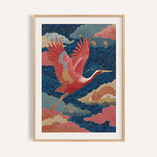 Vintage Japanese Print framed close-up of a red crane in japanese ink style with blue and pink clouds