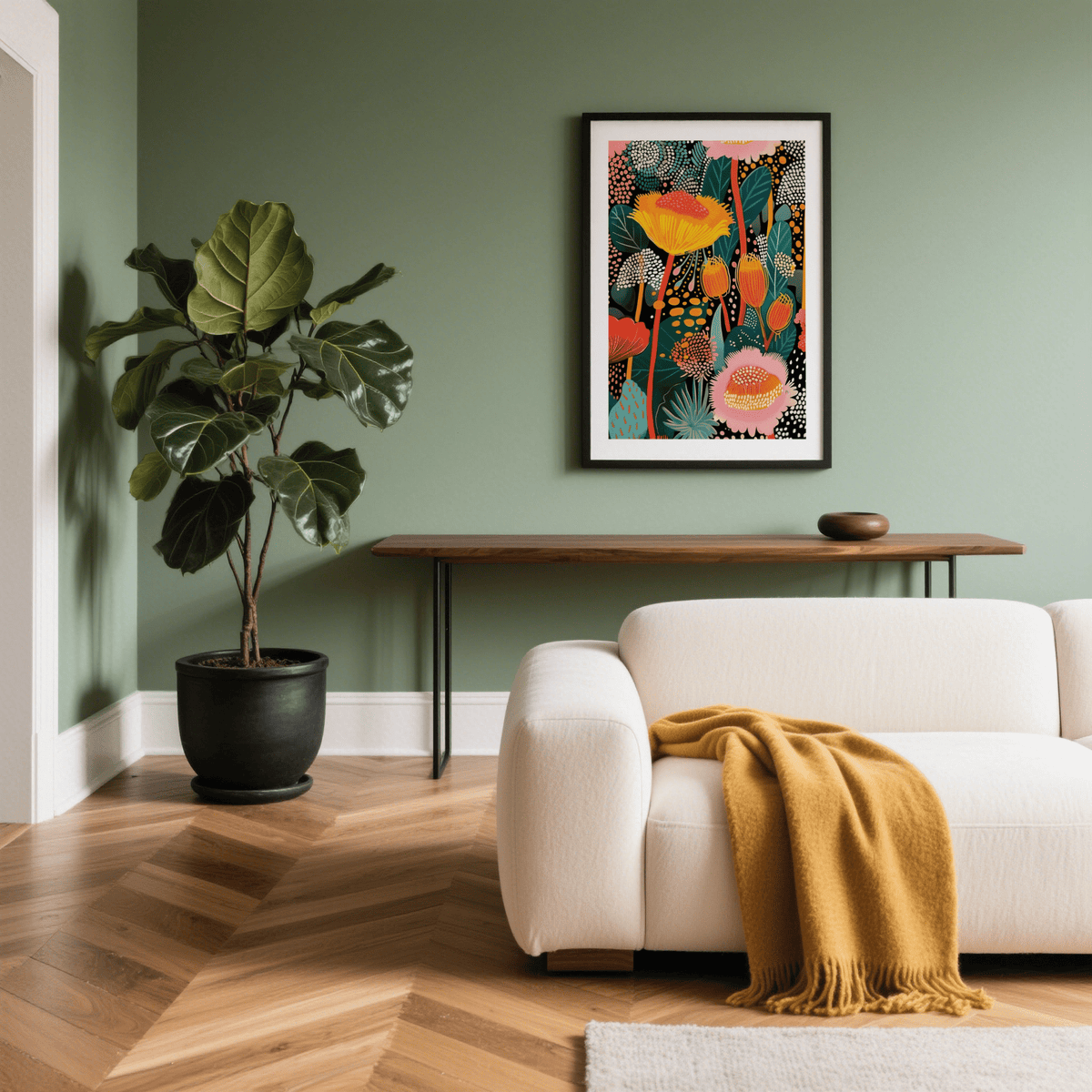 Framed Colorful Wall Art with stylized flowers in yellow, orange and pink above a console table in a living room